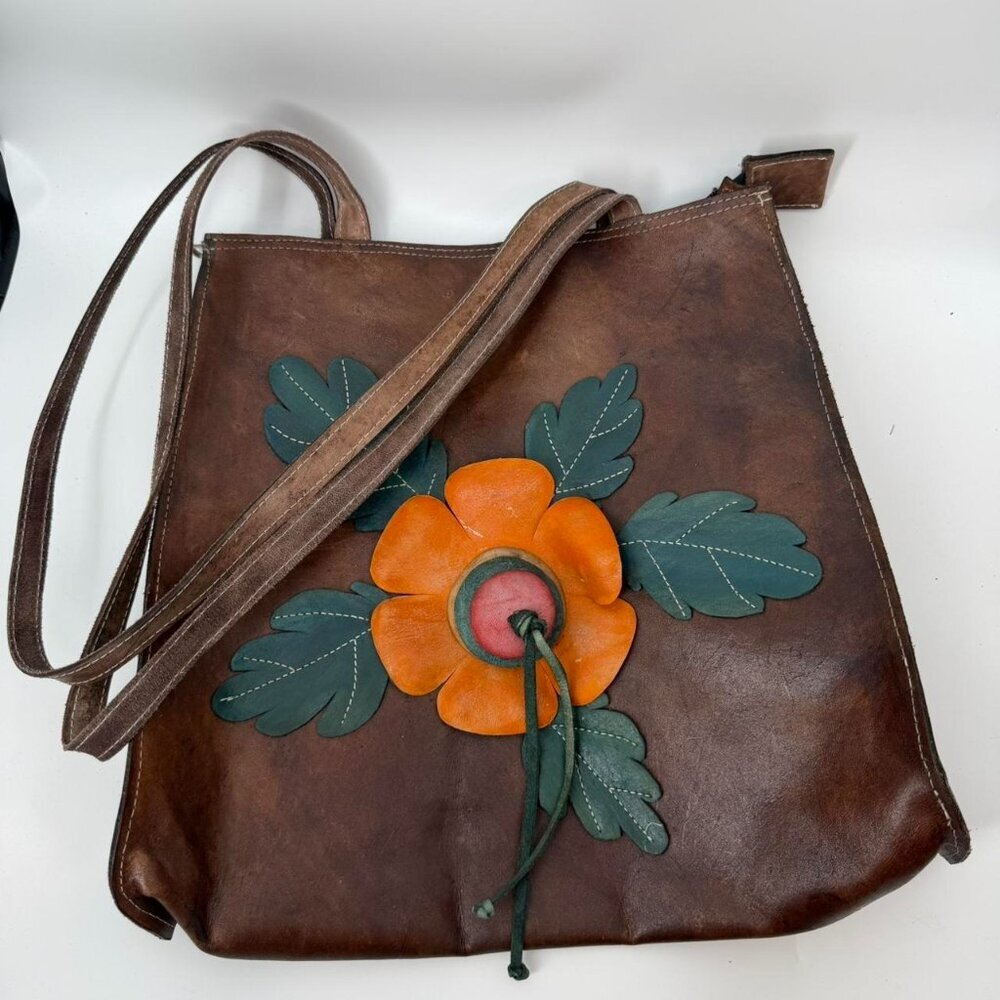 Vintage Handmade Tooled Leather Flower Tote Bag Boho Hippie Artisan Brown